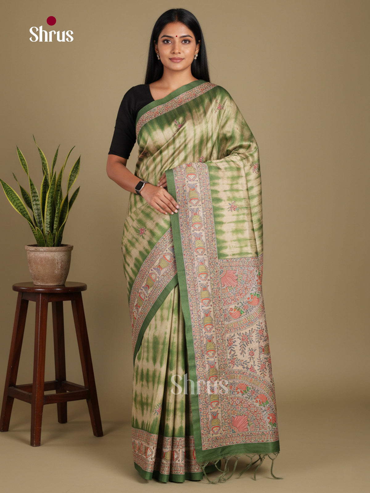 Green & Cream - Printed Madhubani Saree