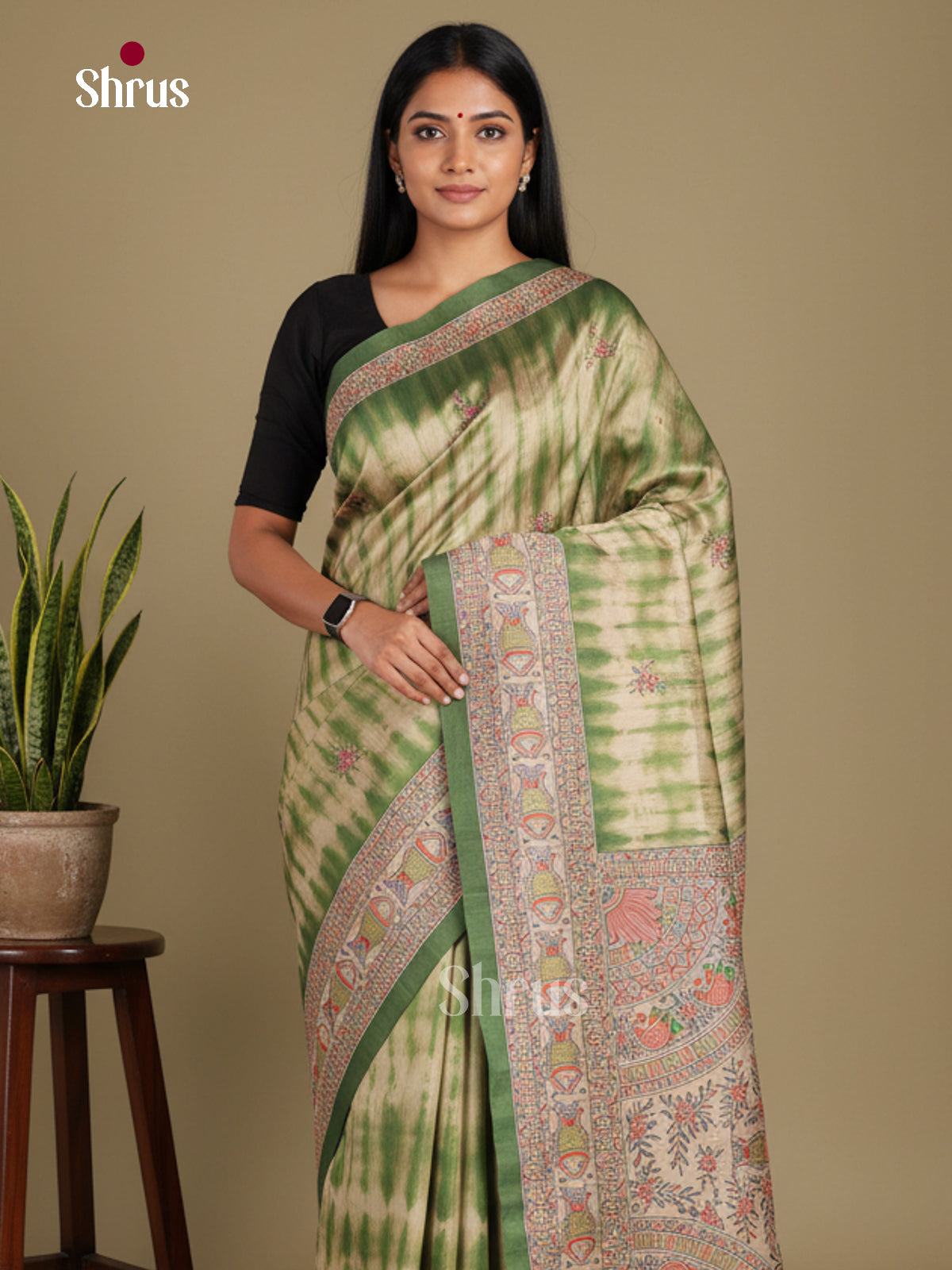 Green & Cream - Printed Madhubani Saree