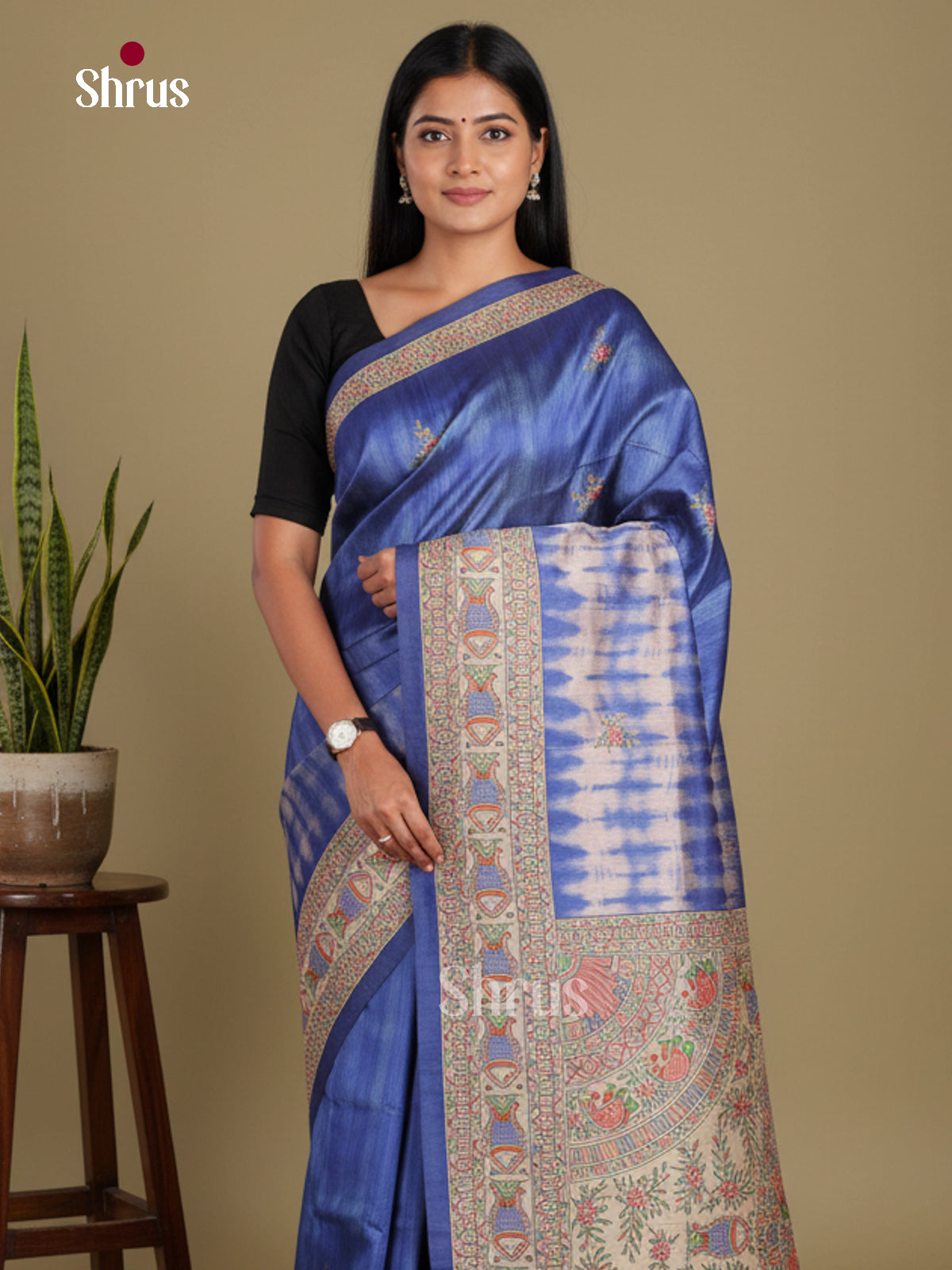 Blue & Cream - Printed Madhubani Saree