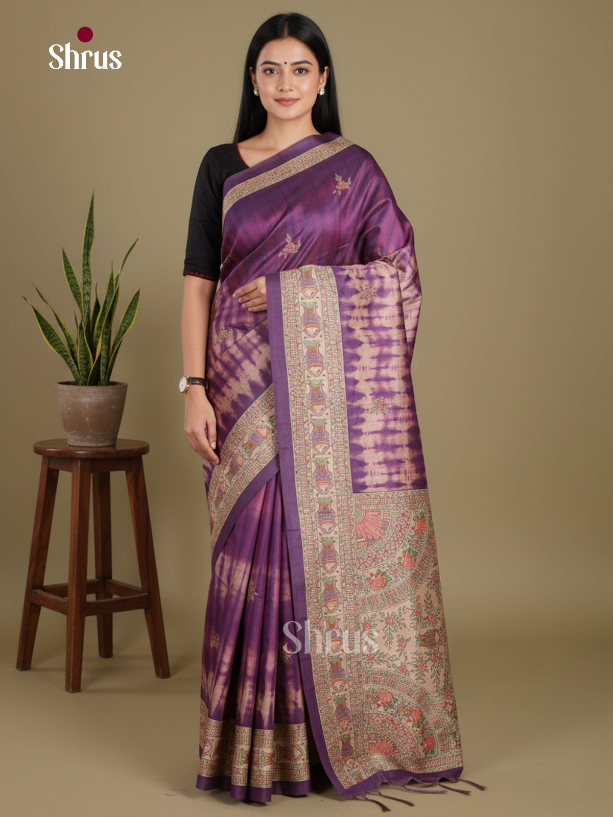 Violet & Cream - Printed Madhubani Saree