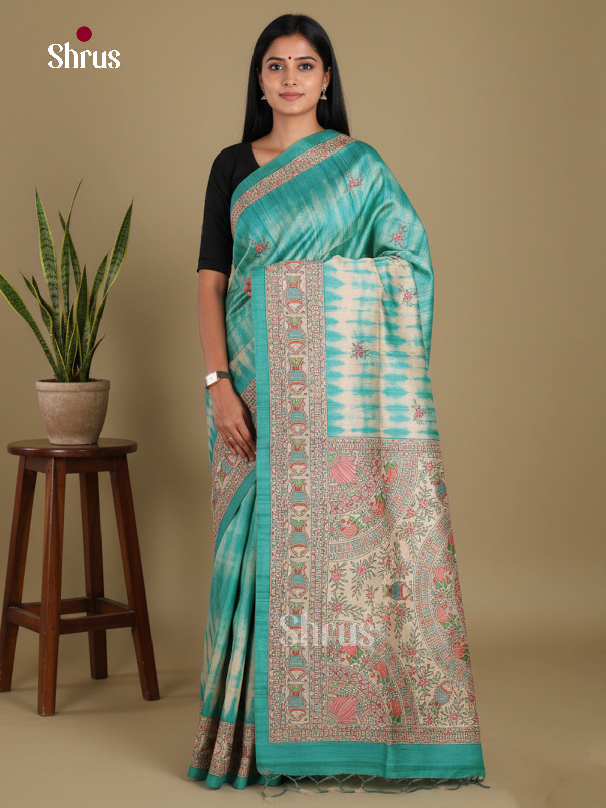 Blue & Cream - Printed Madhubani Saree