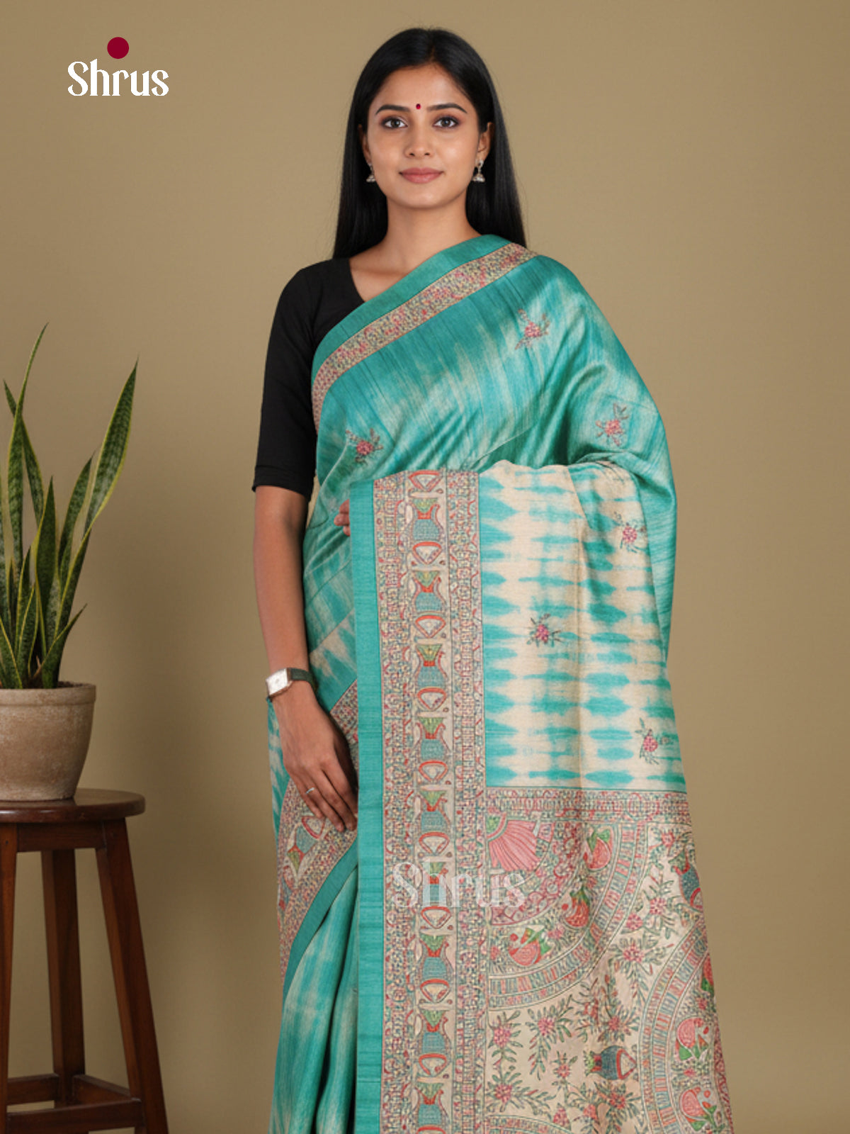 Blue & Cream - Printed Madhubani Saree