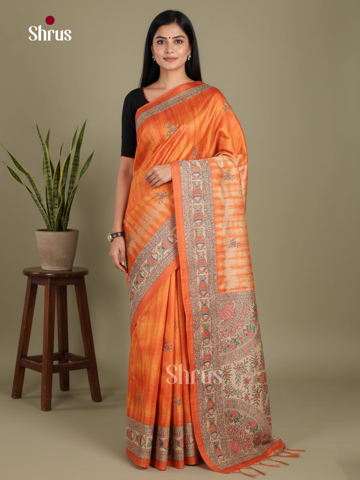 Orange & Cream - Printed Madhubani Saree