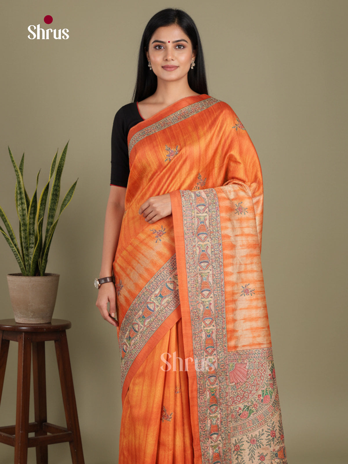 Orange & Cream - Printed Madhubani Saree