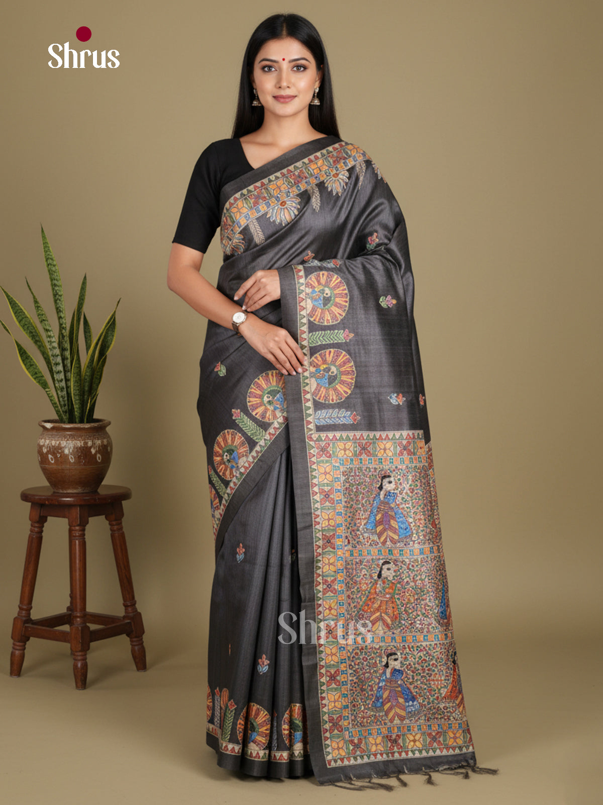 Black & Cream - Printed Madhubani Saree