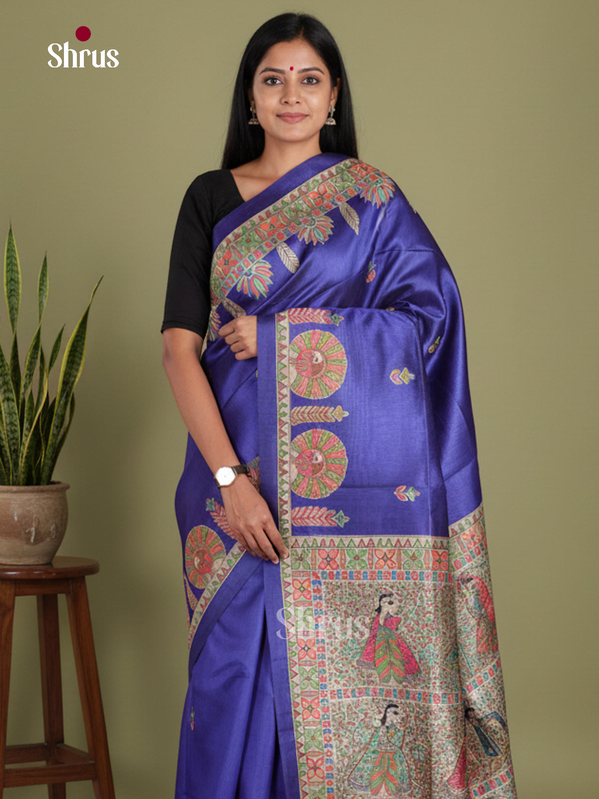 Blue & Cream - Printed Madhubani Saree