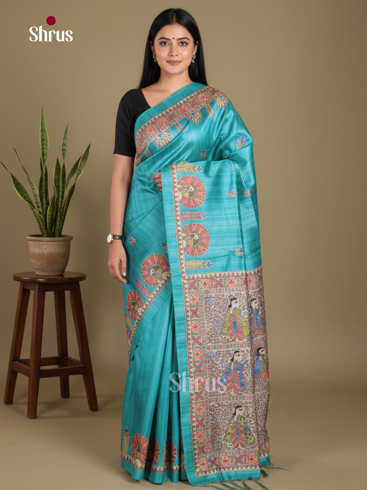 Blue & Cream - Printed Madhubani Saree