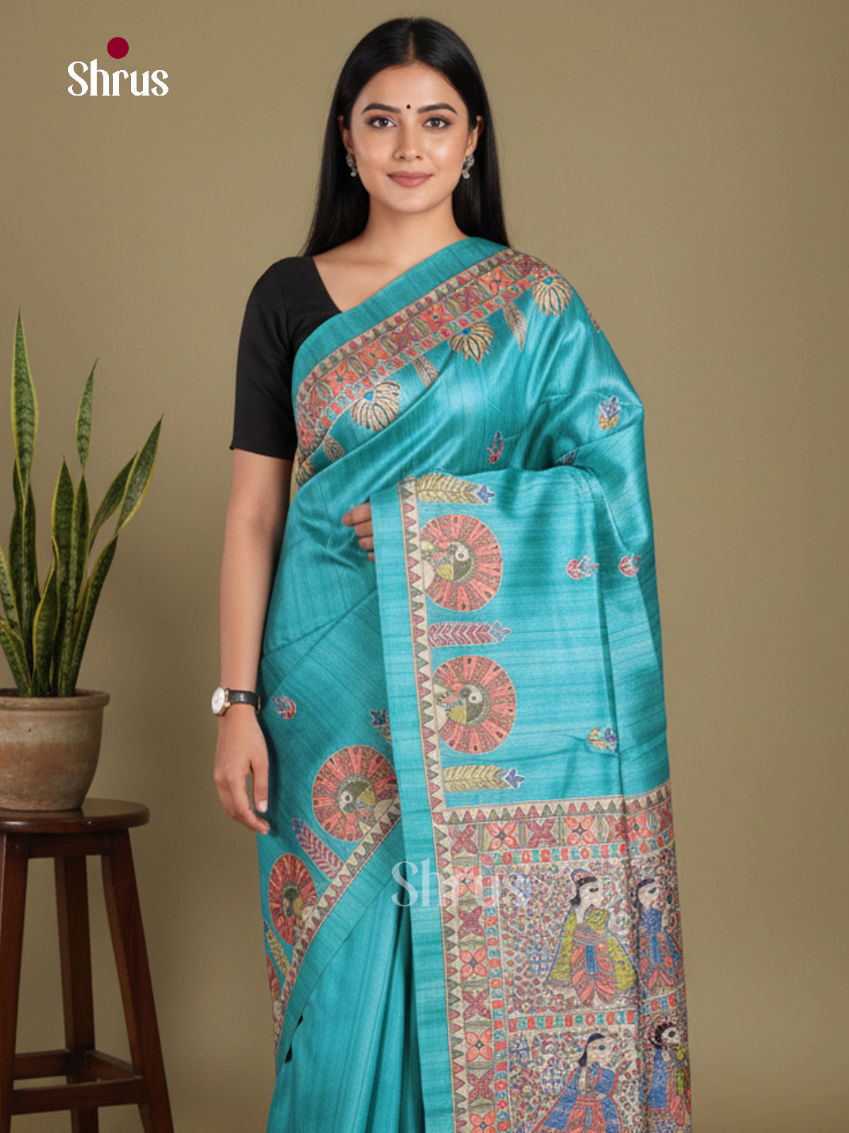 Blue & Cream - Printed Madhubani Saree