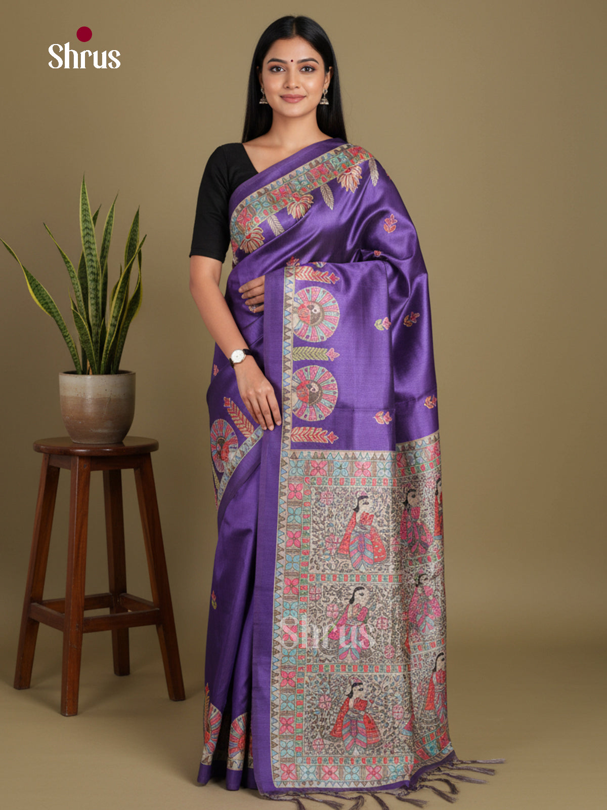 Violet & Blue - Printed Madhubani Saree