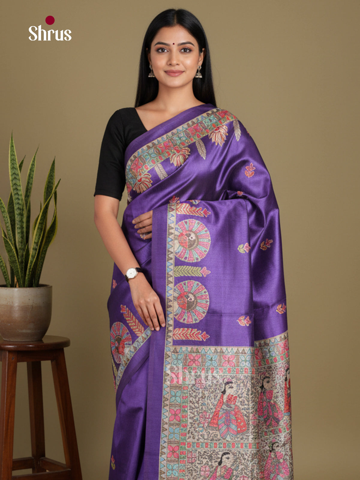 Violet & Blue - Printed Madhubani Saree