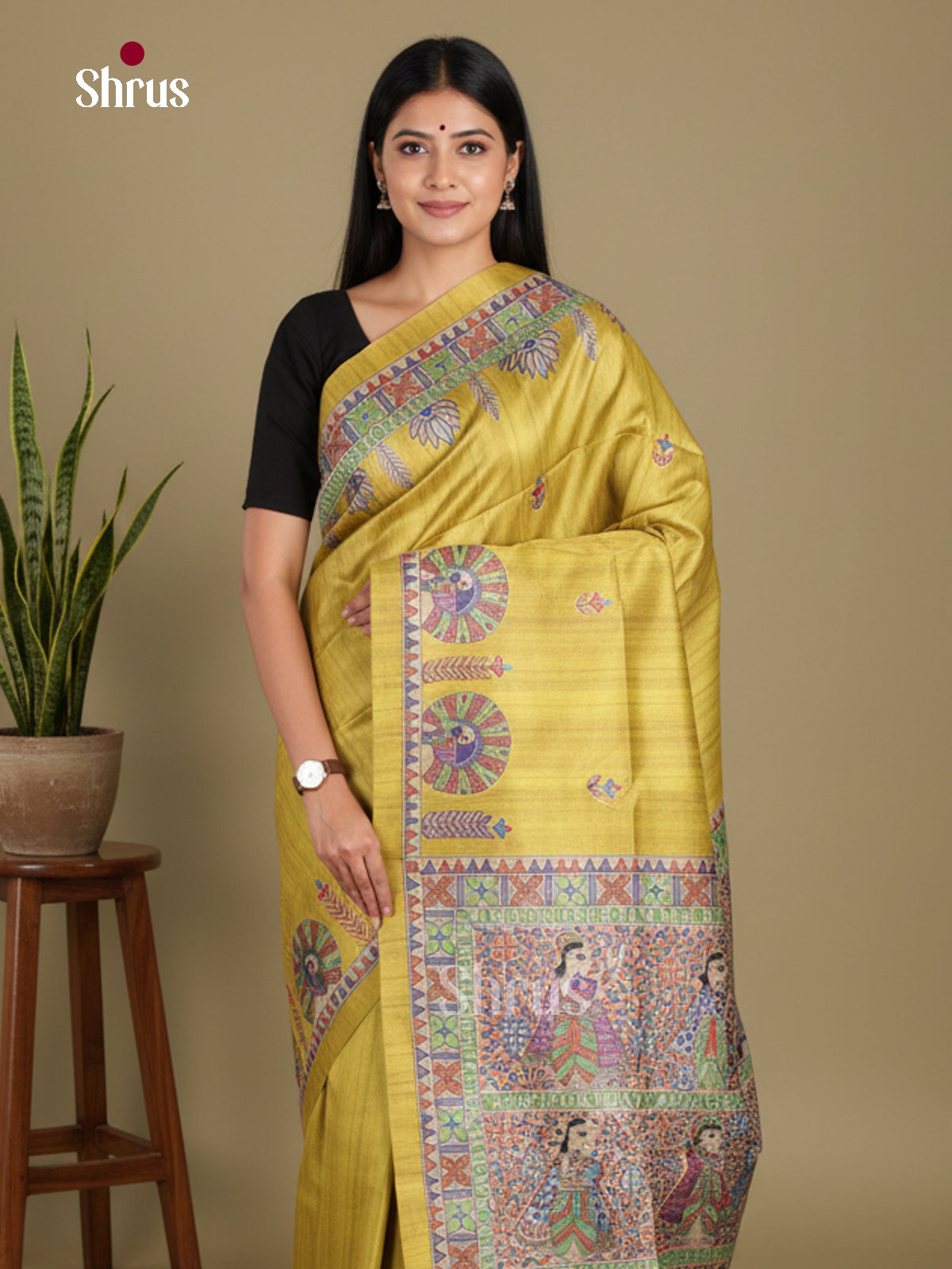 Mustardy Green & Cream- Printed Madhubani Saree