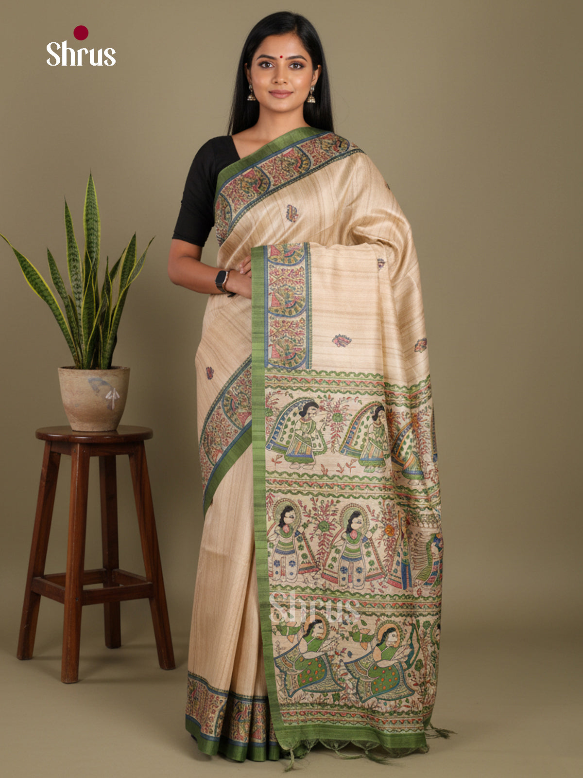 Cream & Green - Printed Madhubani Saree