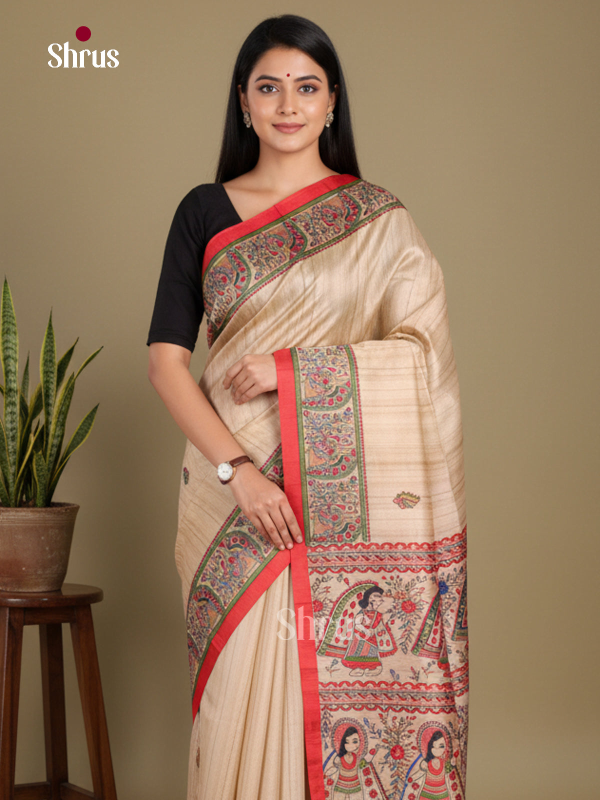 Cream & Red - Printed Madhubani Saree