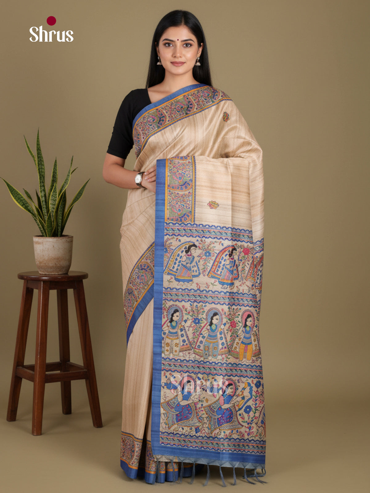 Cream & Blue - Printed Madhubani Saree