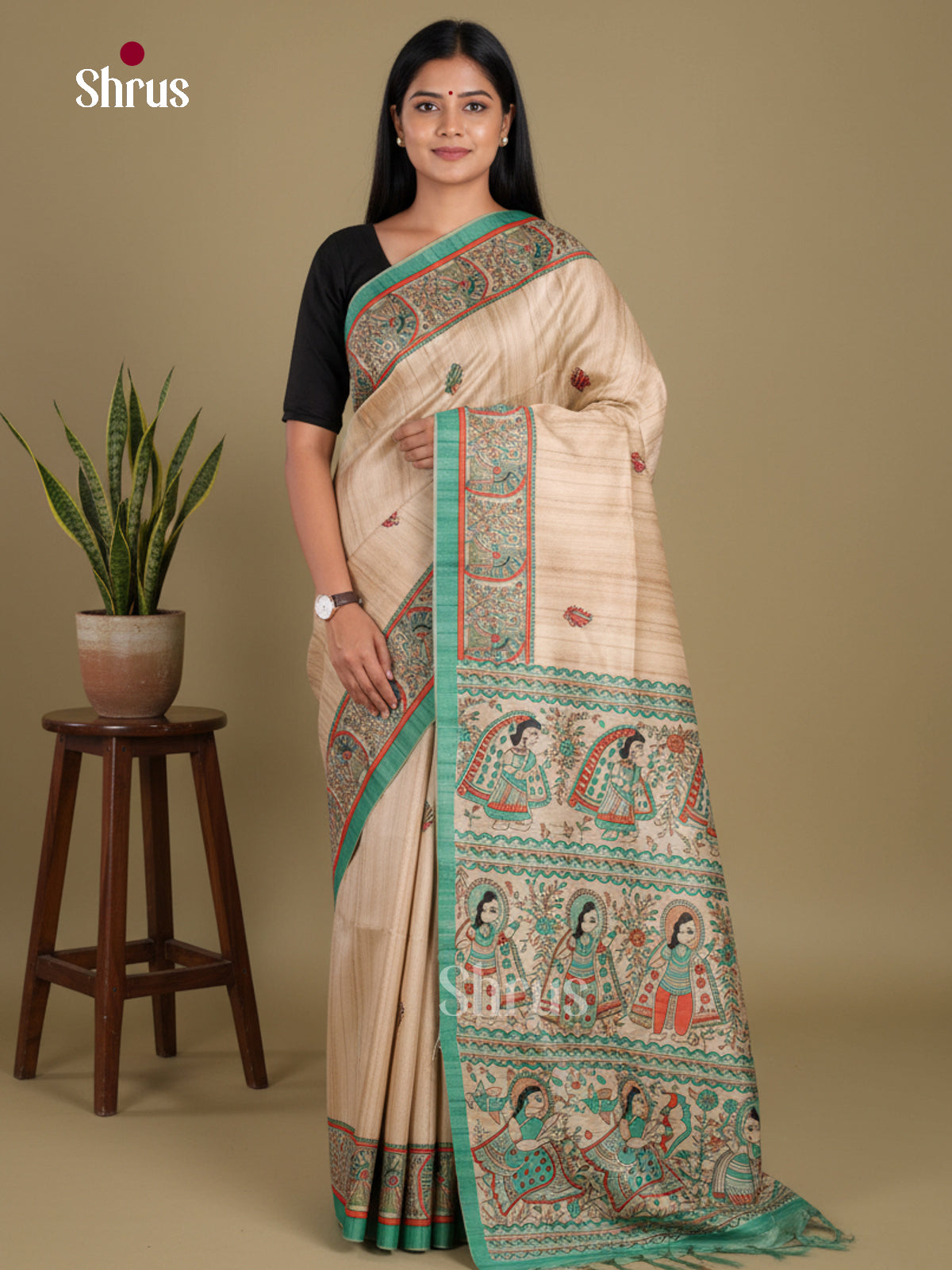 Cream & Green - Printed Madhubani Saree