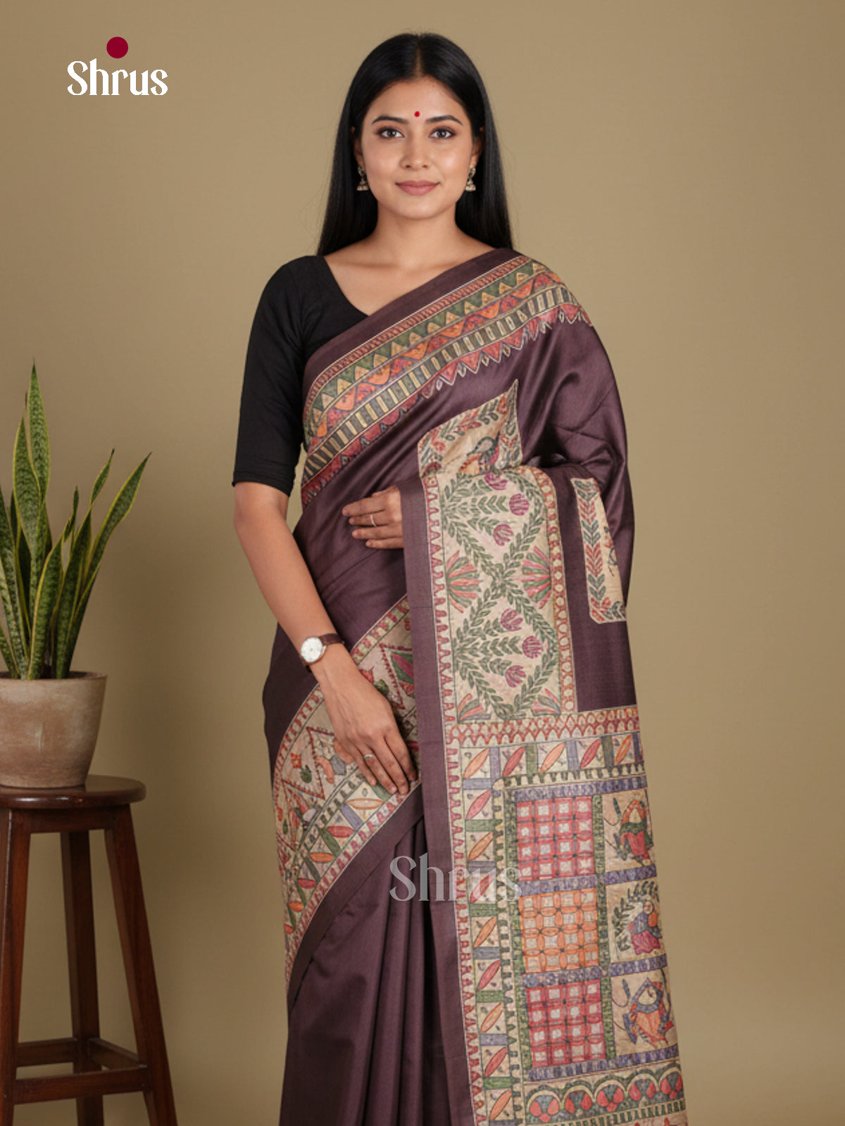 Coffee brown & Cream- Printed Madhubani Saree