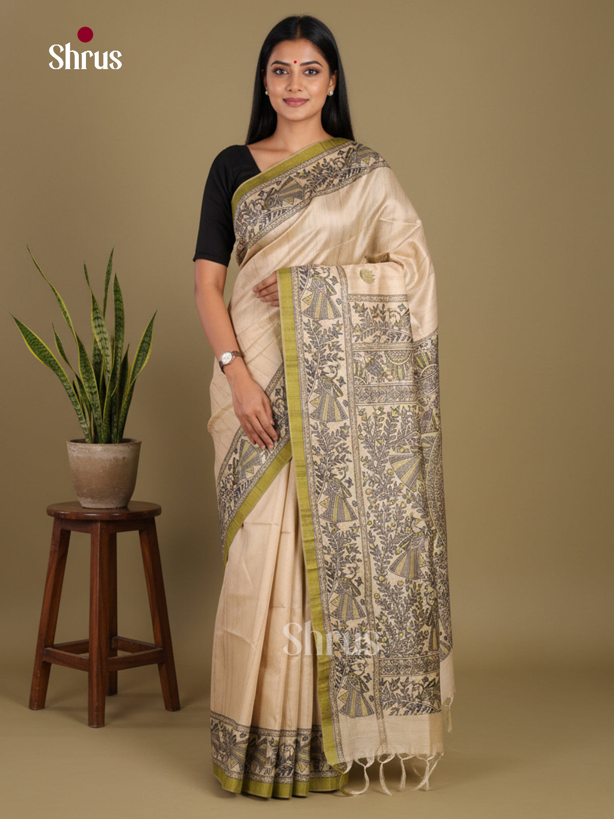 Cream & Green - Printed Madhubani Saree