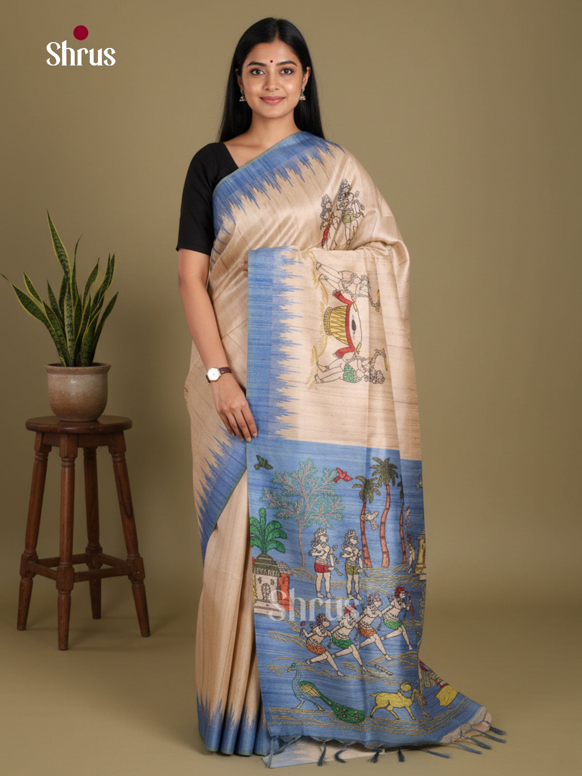 Cream & Blue - Printed Madhubani Saree