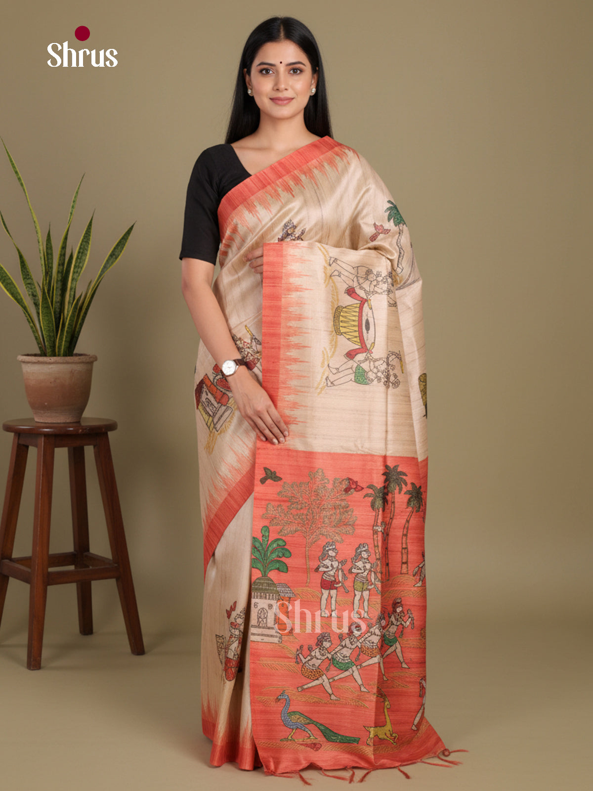 Cream & Orange - Printed Madhubani Saree