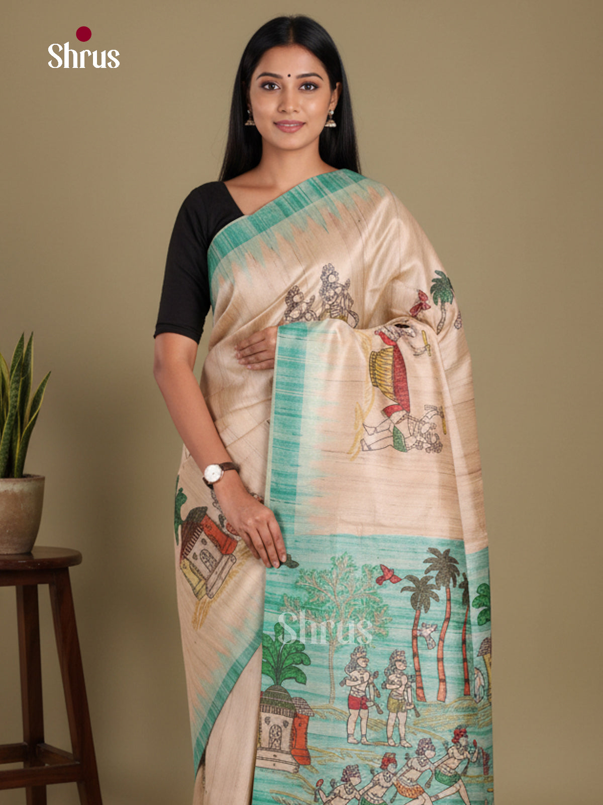 Cream & Teal - Printed Madhubani Saree