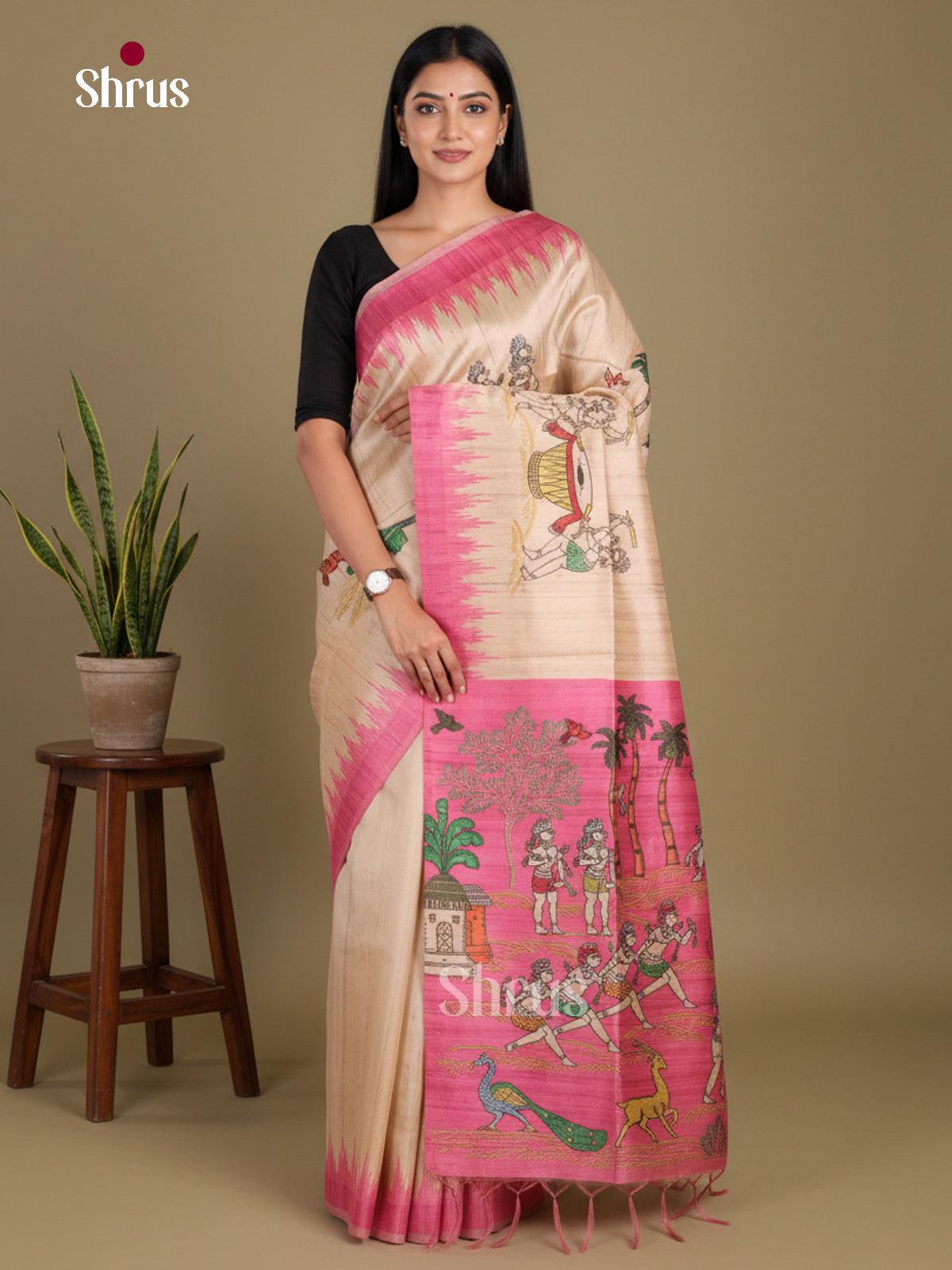 Cream & Pink - Printed Madhubani Saree