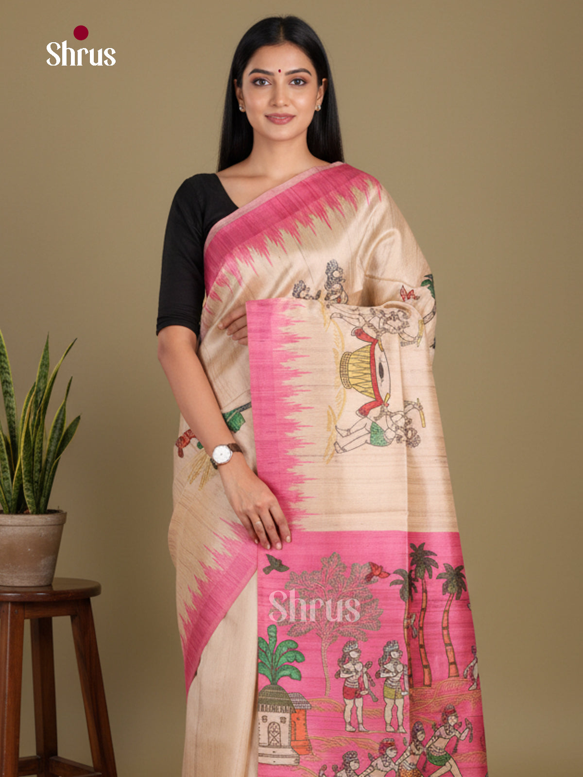 Cream & Pink - Printed Madhubani Saree