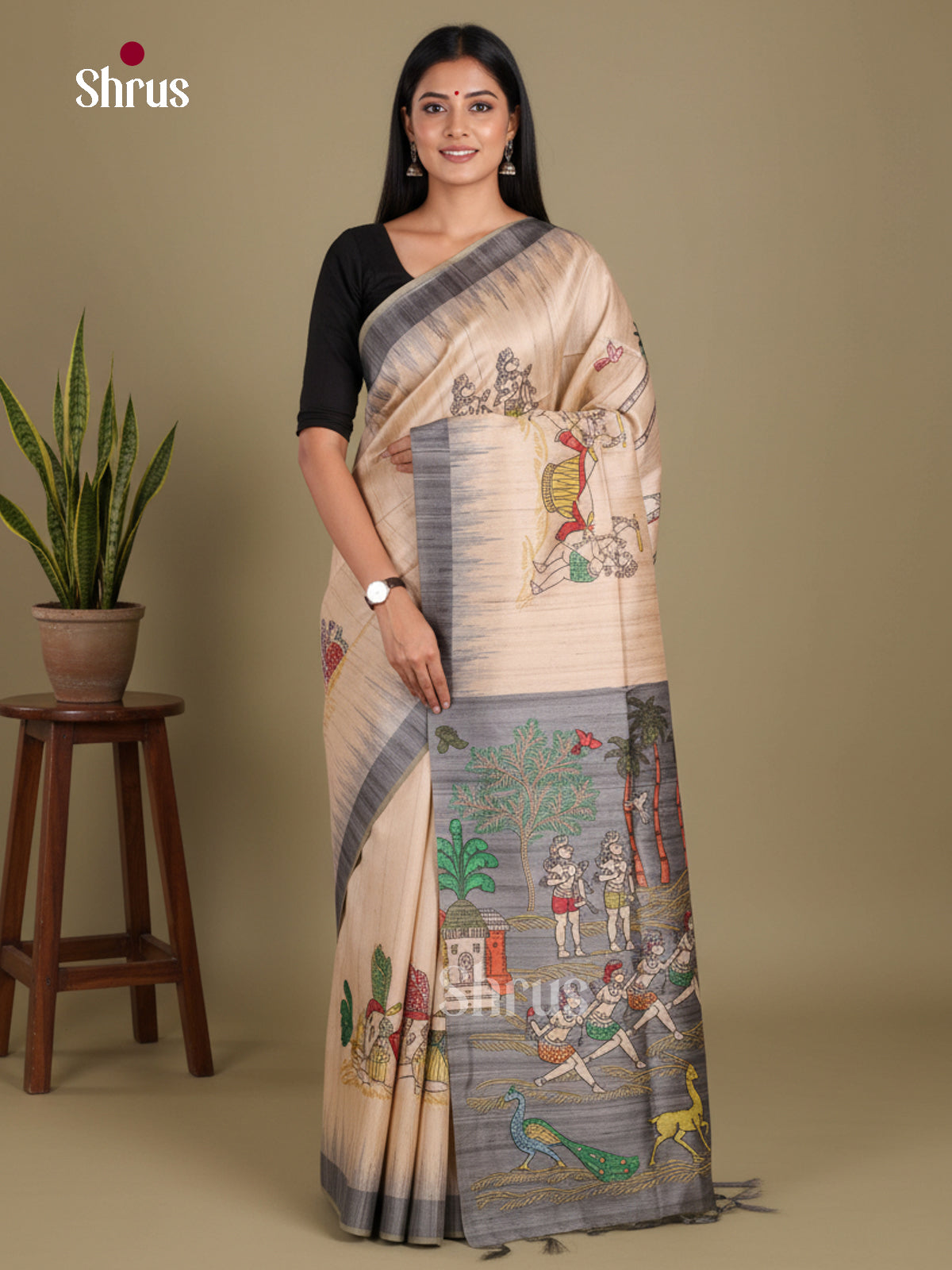 Cream & Grey- Printed Madhubani Saree