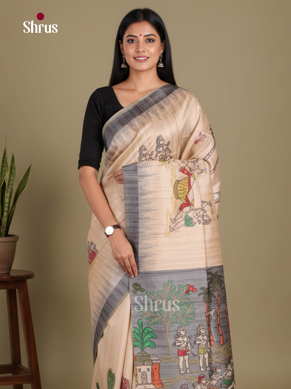 Cream & Grey- Printed Madhubani Saree