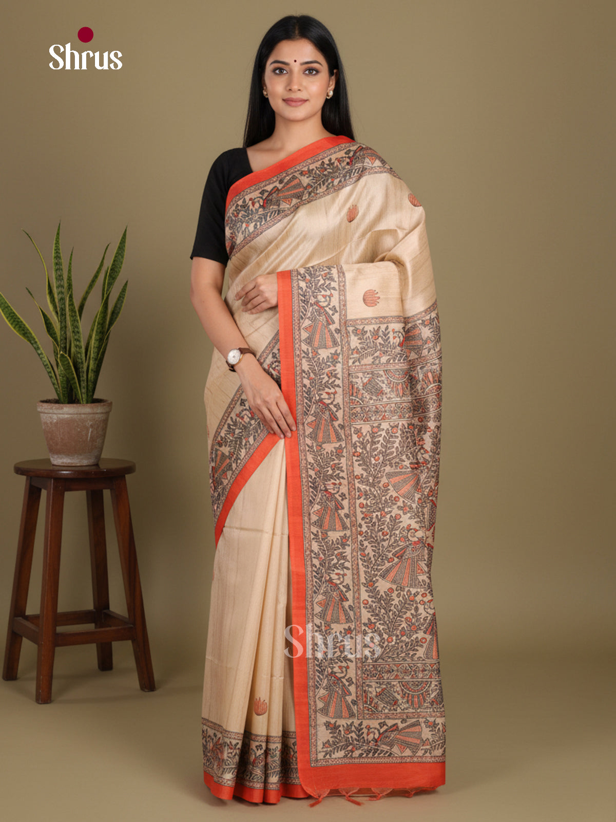 Cream & Orange - Printed Madhubani Saree