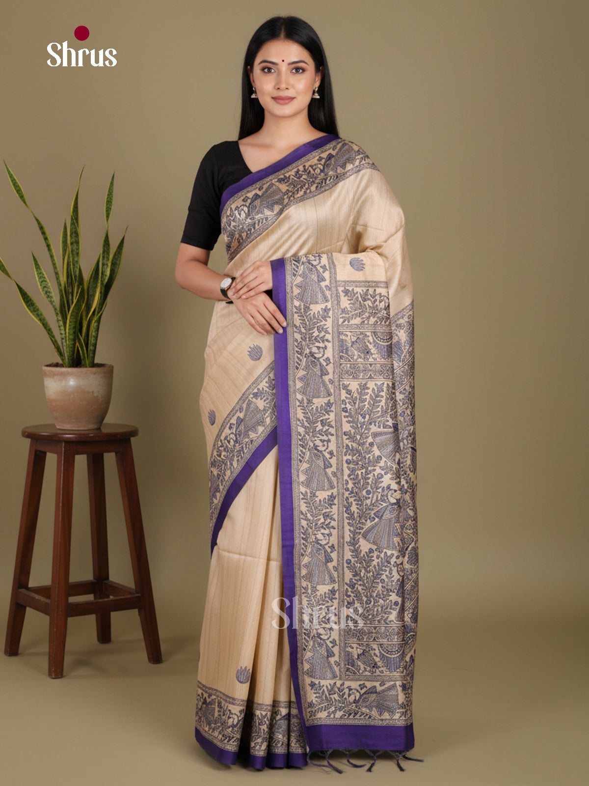Cream & Violet - Printed Madhubani Saree