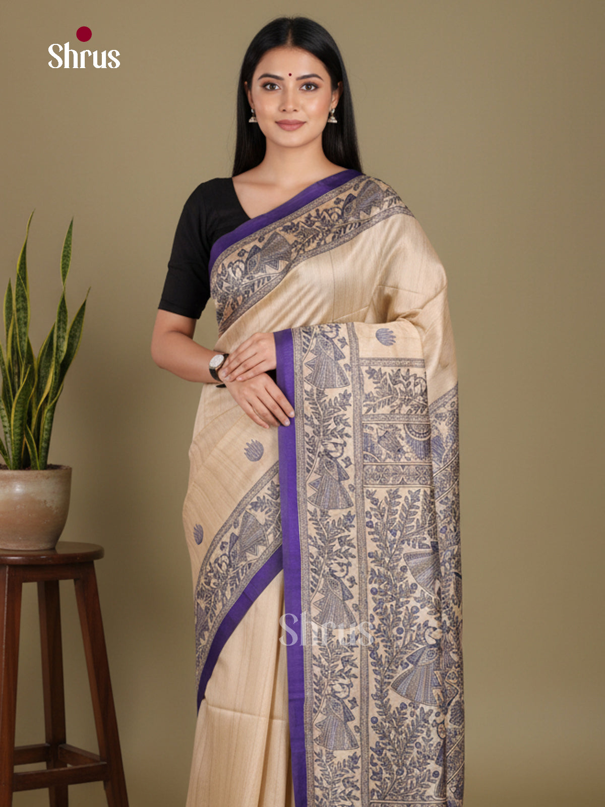 Cream & Violet - Printed Madhubani Saree