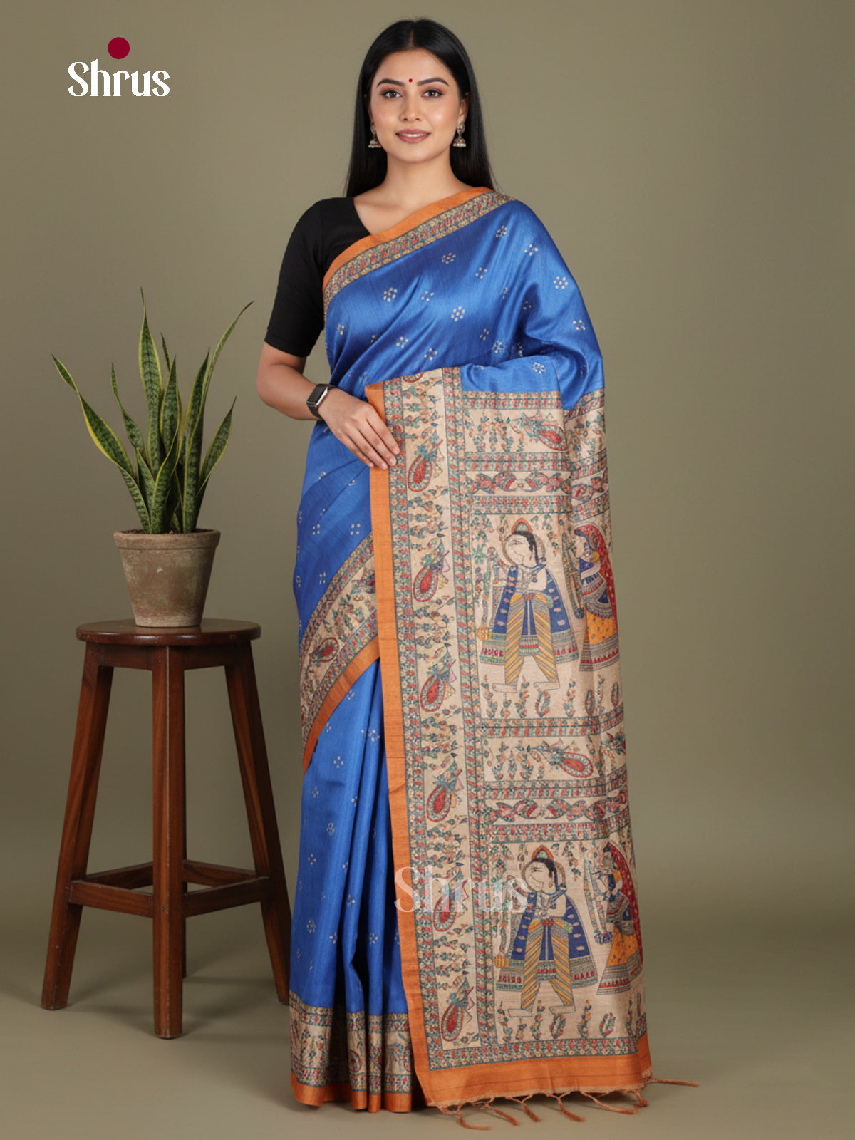 Blue & Mustard - Printed Madhubani Saree