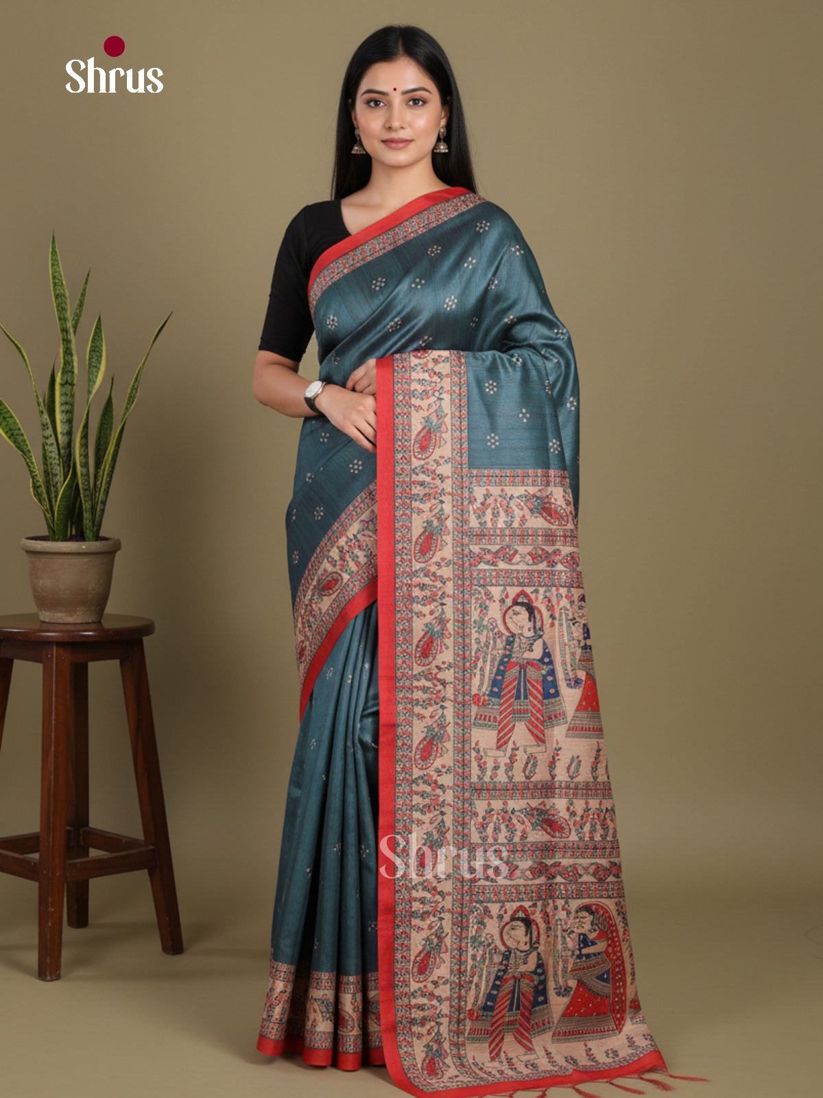Peacock Green Red - Printed Madhubani Saree