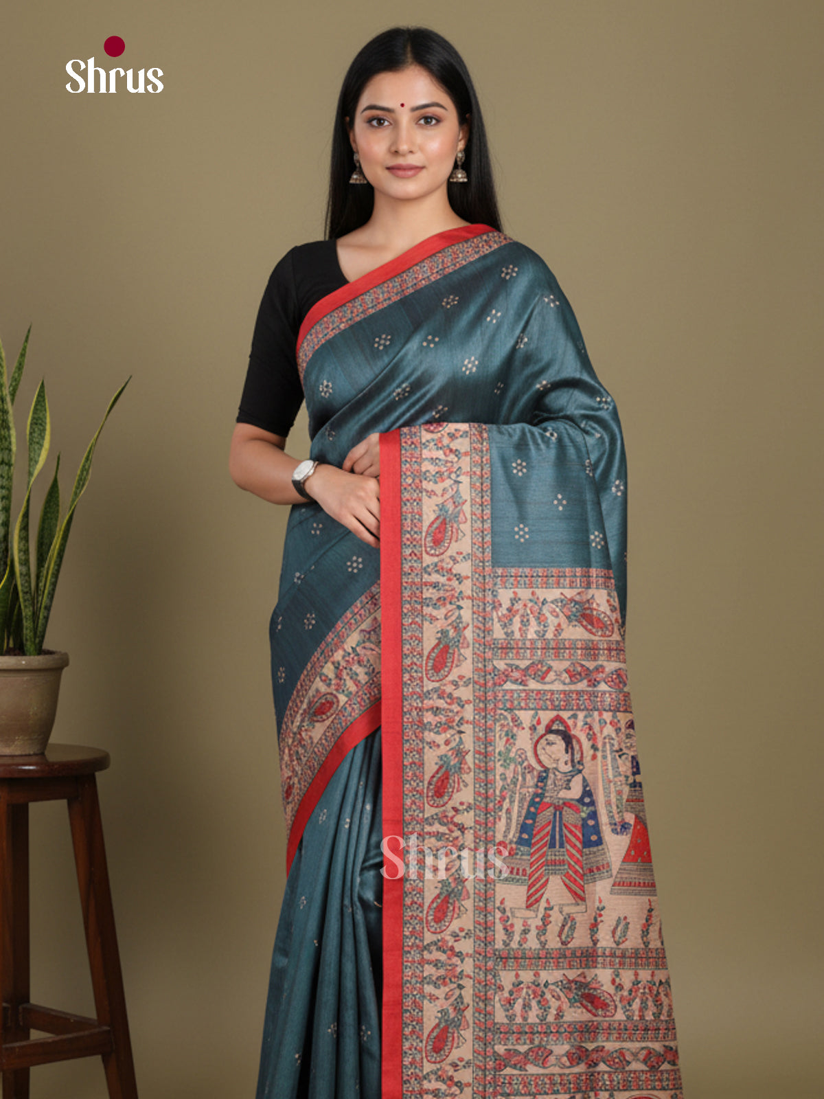 Peacock Green Red - Printed Madhubani Saree