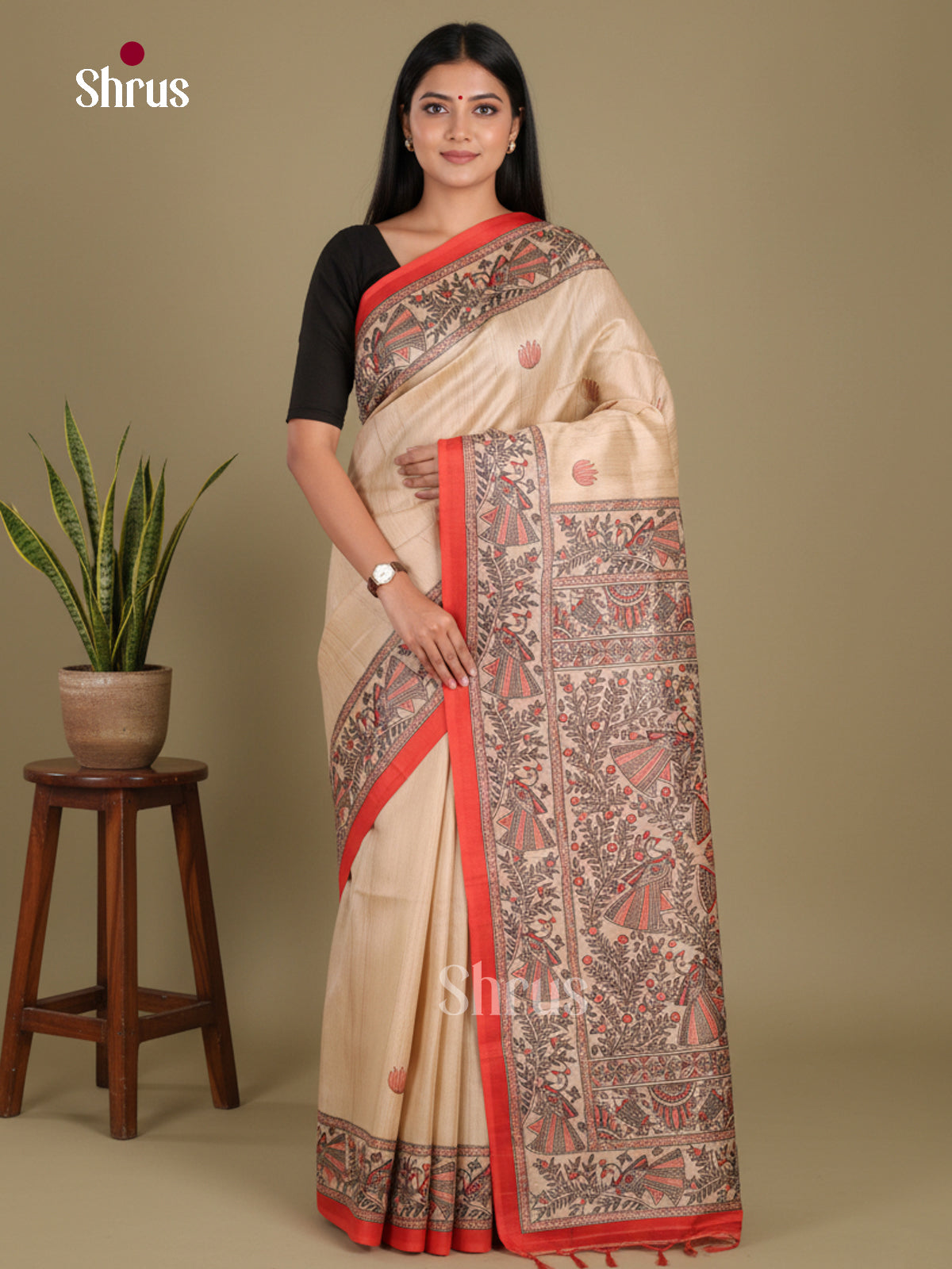 Cream & Red- Printed Madhubani Saree