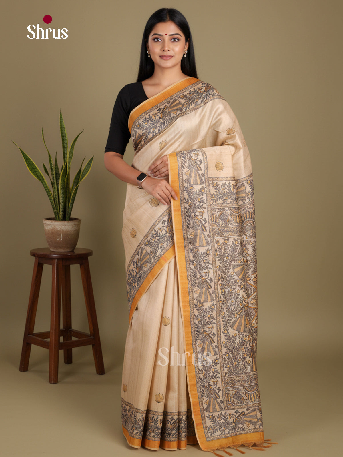 Cream & Yellow- Printed Madhubani Saree