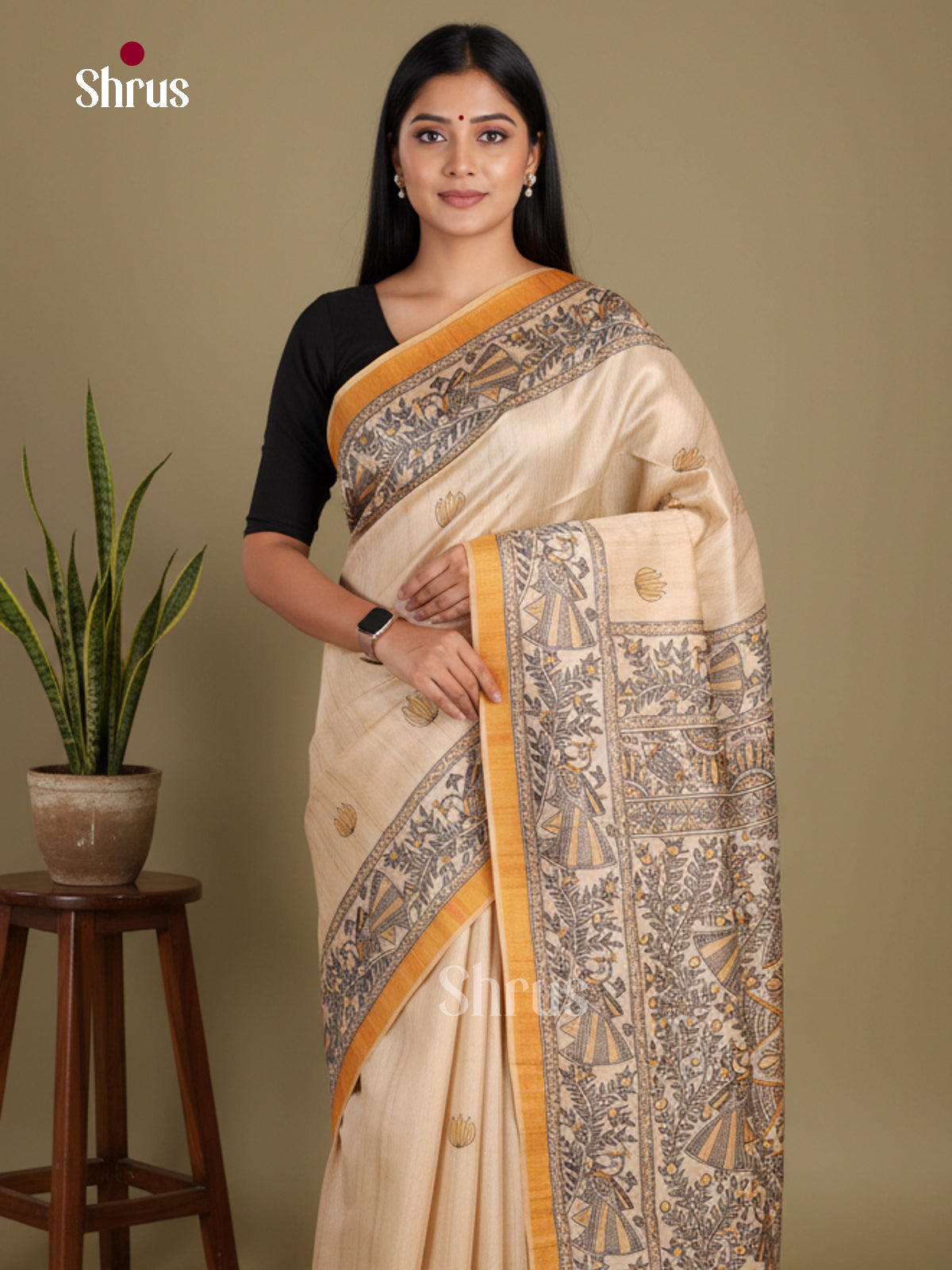 Cream & Yellow- Printed Madhubani Saree