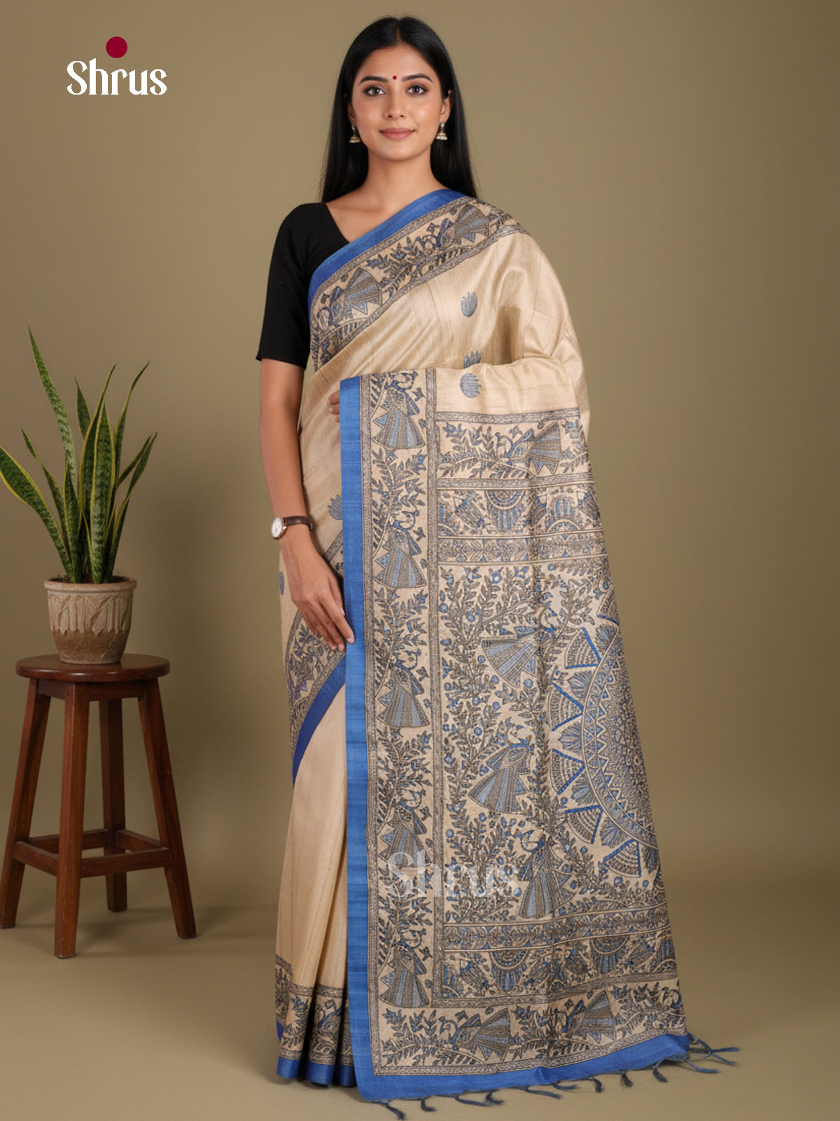 Cream & Blue - Printed Madhubani Saree