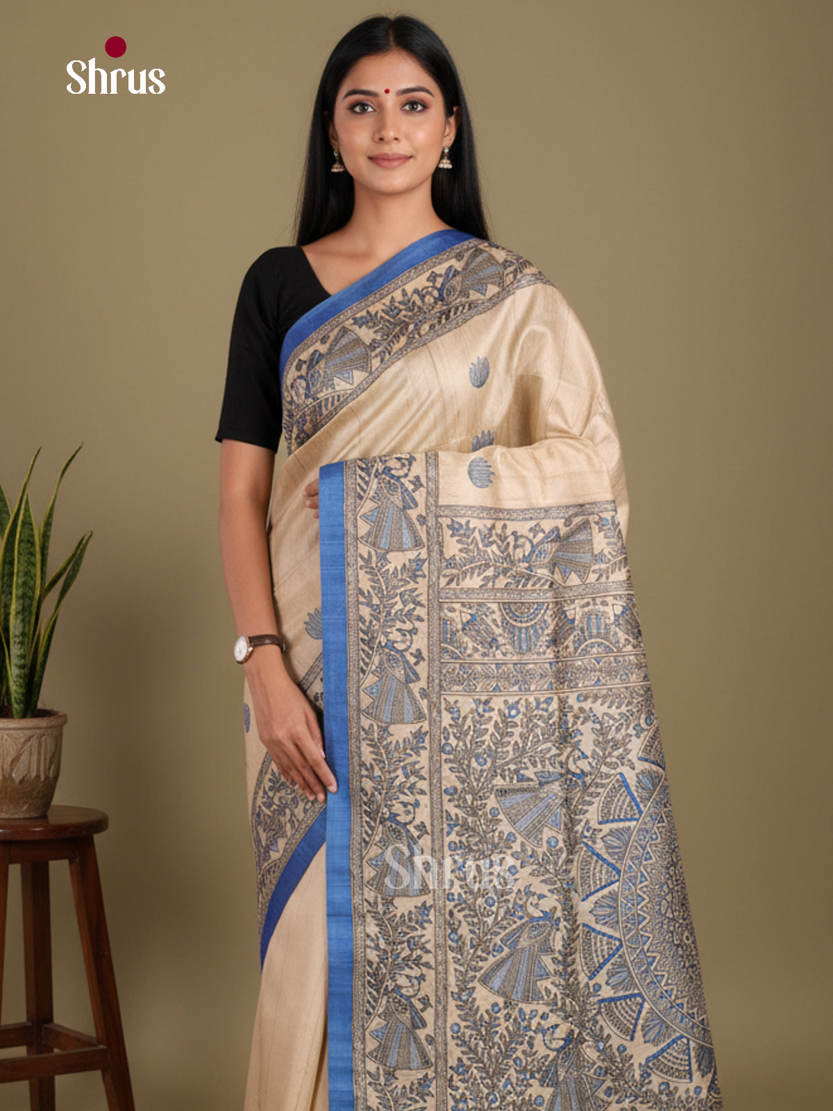 Cream & Blue - Printed Madhubani Saree