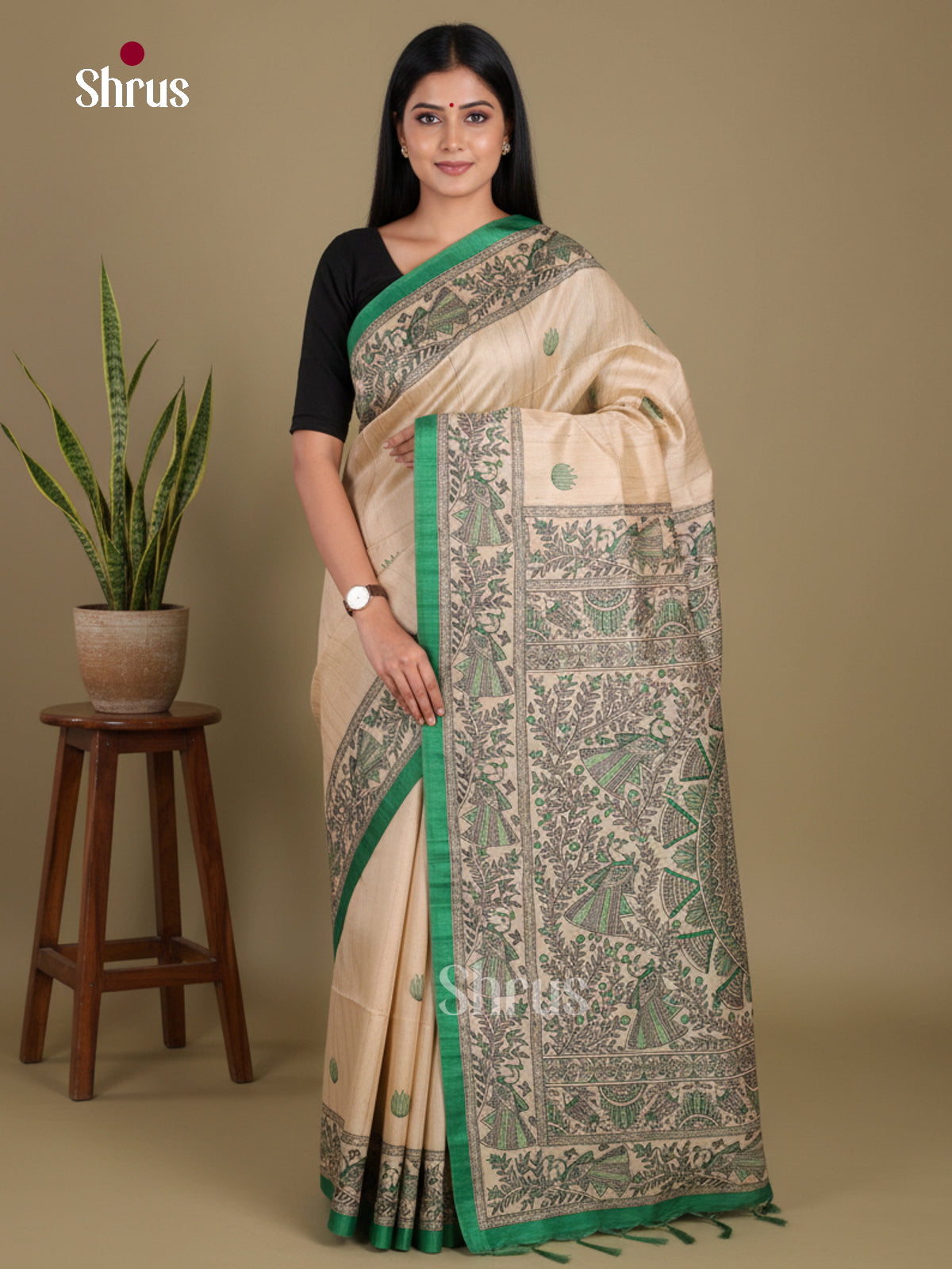 Cream & Green - Printed Madhubani Saree