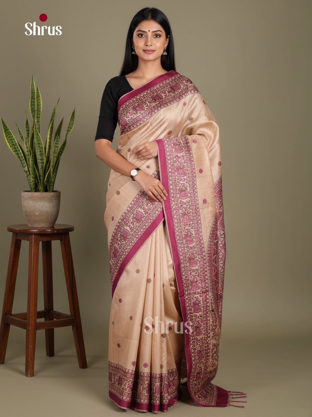 Cream & Purple - Printed Madhubani Saree