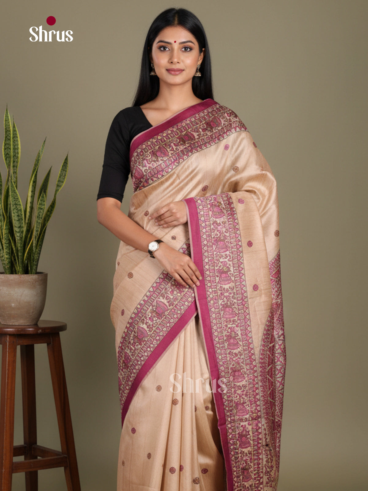 Cream & Purple - Printed Madhubani Saree