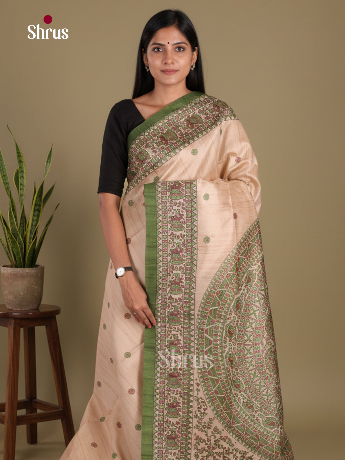 Cream & Green- Printed Madhubani Saree