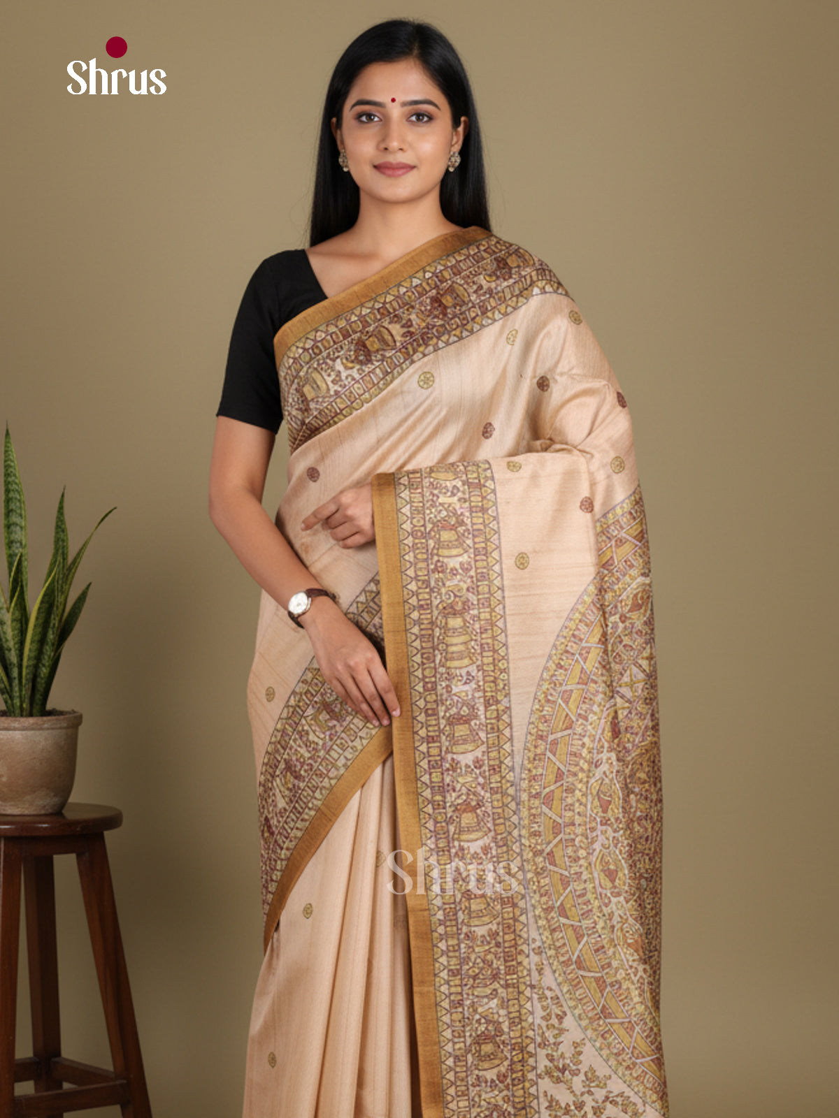 Cream & Mehandi - Printed Madhubani Saree