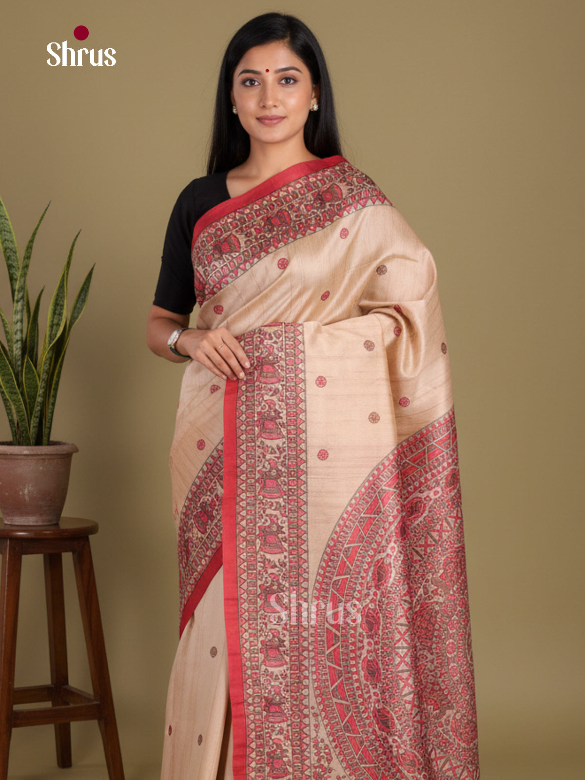 Cream & Red - Printed Madhubani Saree