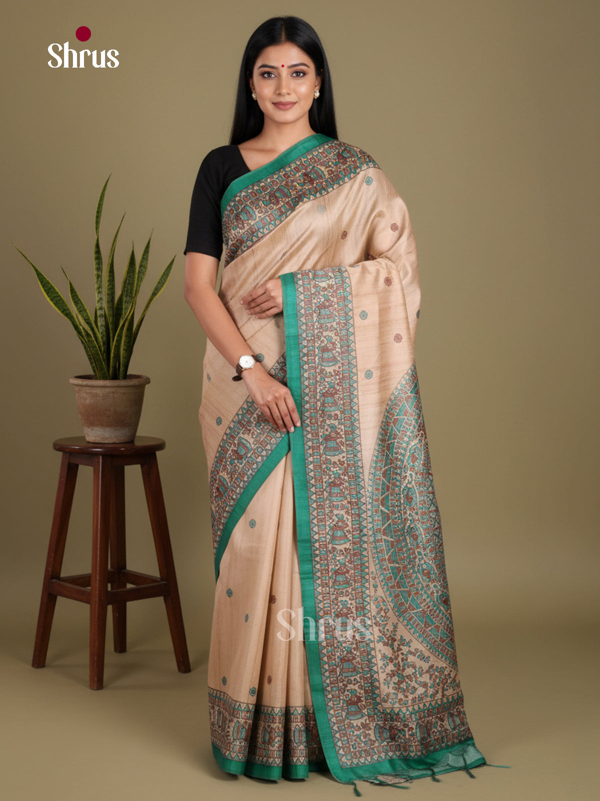 Cream & Green - Printed Madhubani Saree