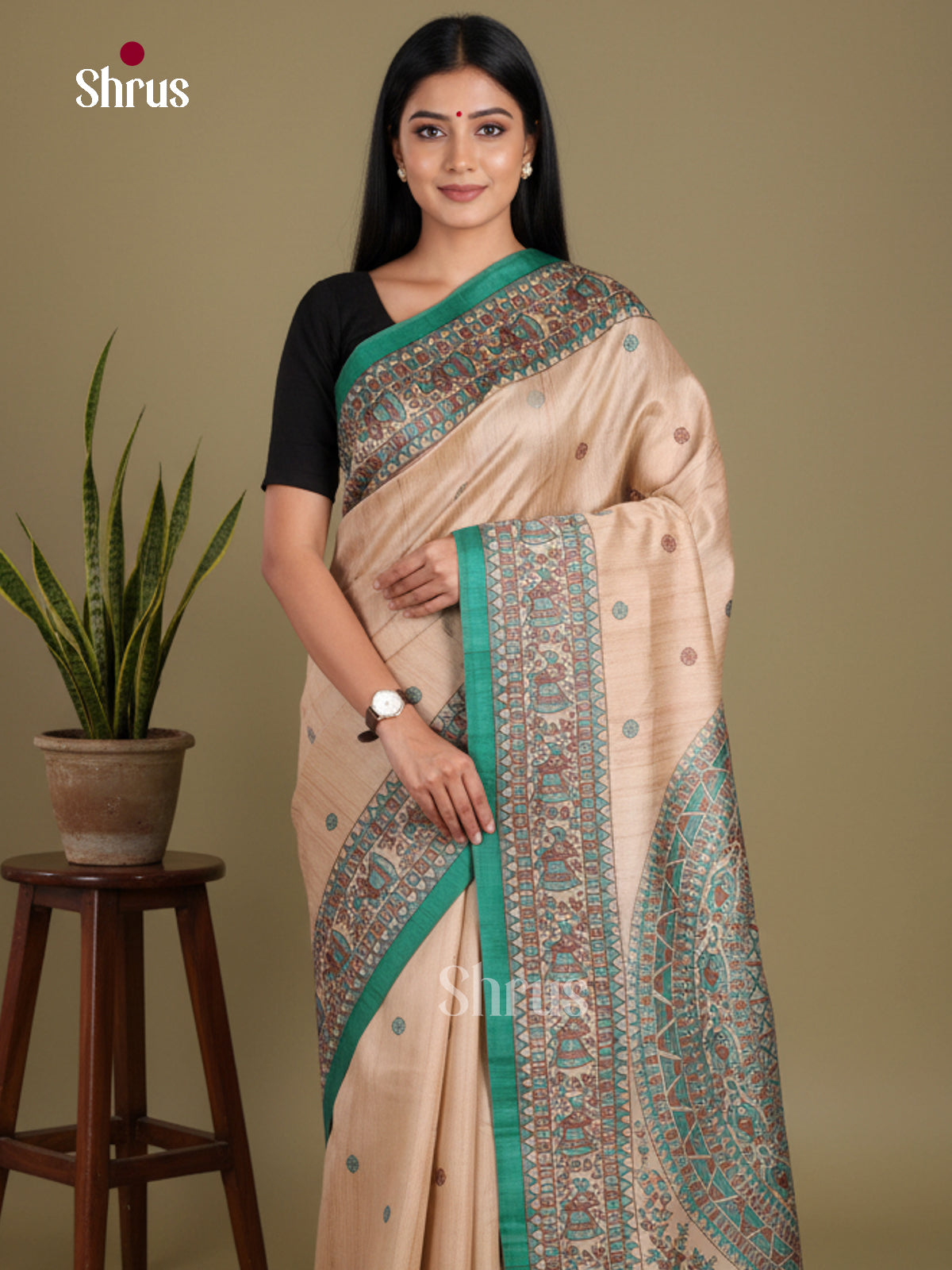 Cream & Green - Printed Madhubani Saree