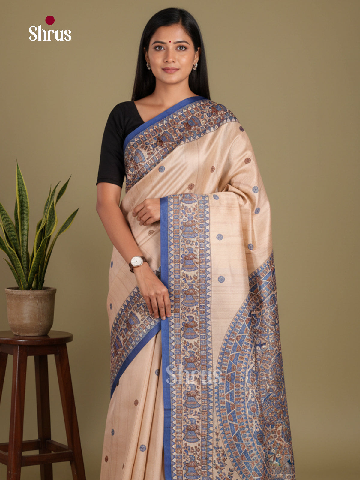 Cream & Blue - Printed Madhubani Saree