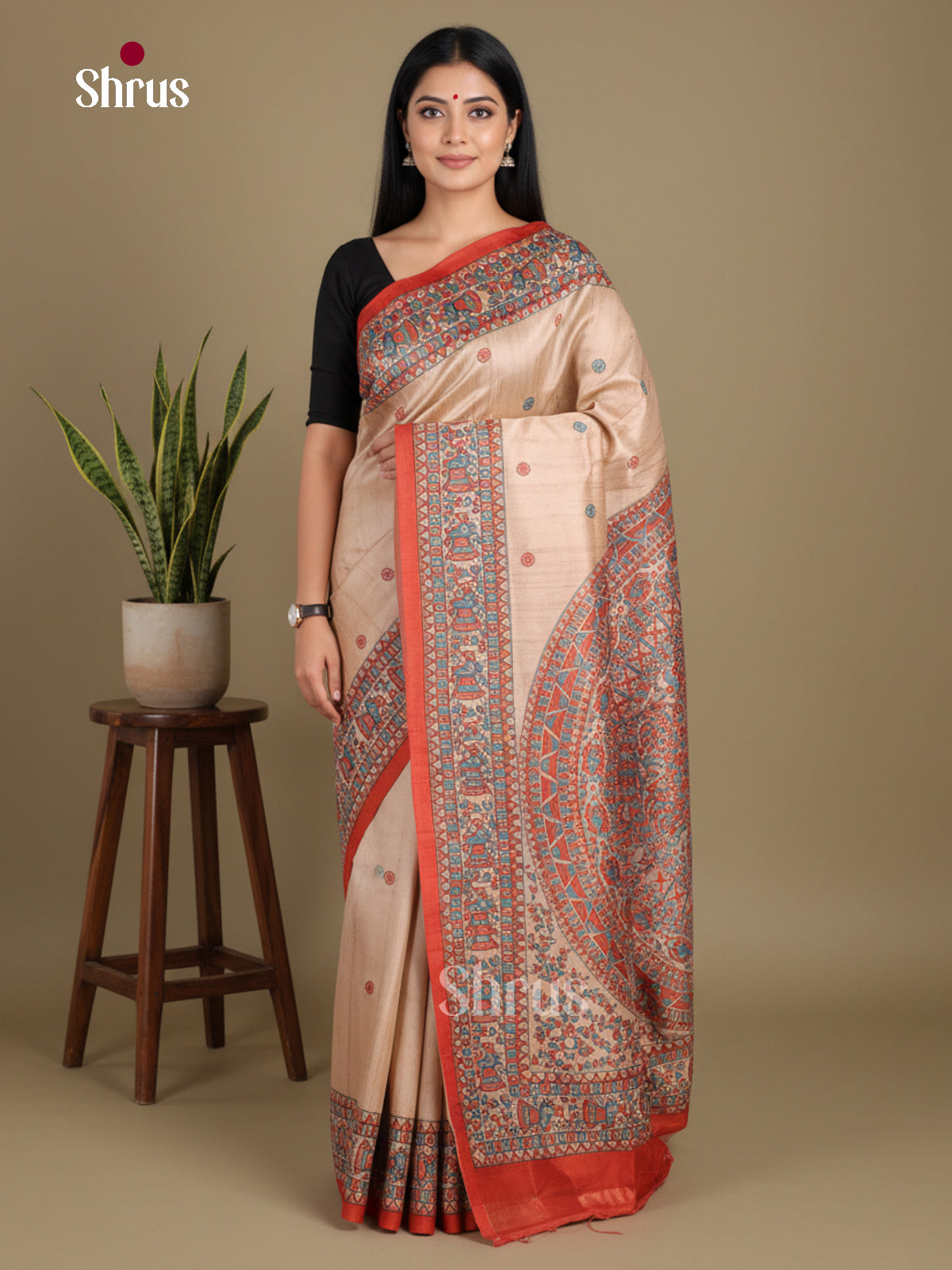 Cream & Brick - Printed Madhubani Saree