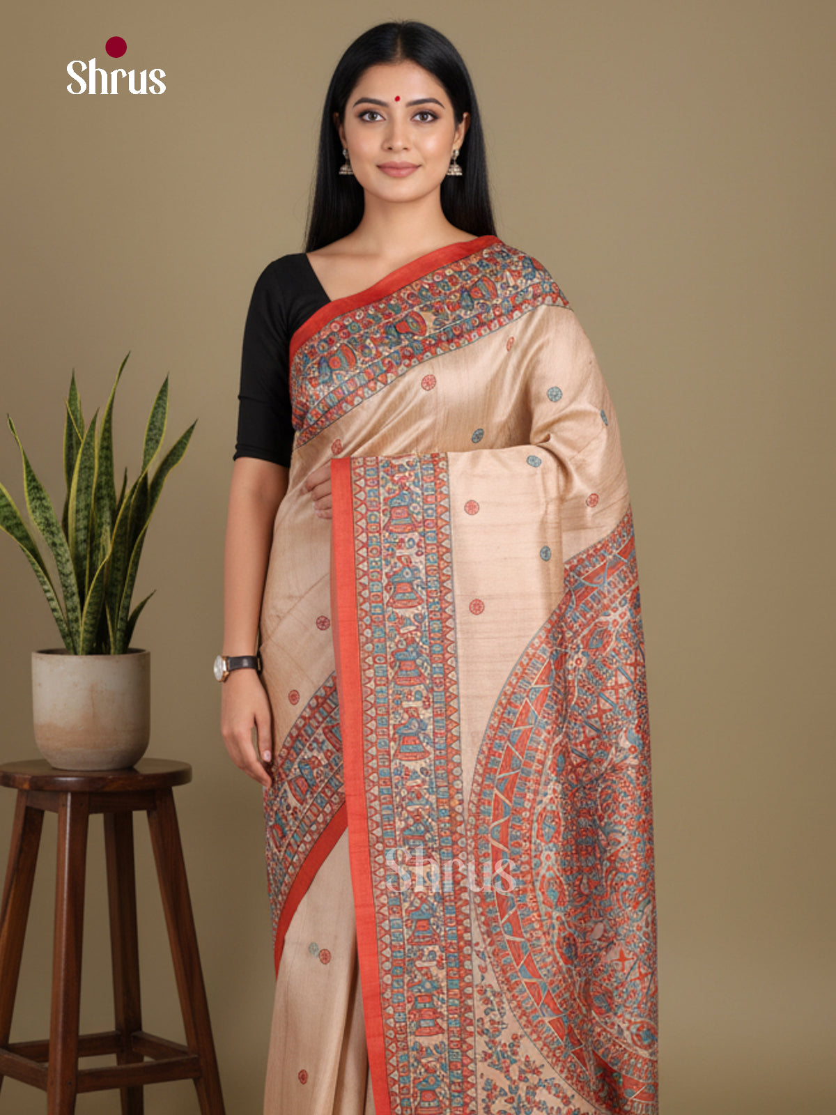 Cream & Brick - Printed Madhubani Saree
